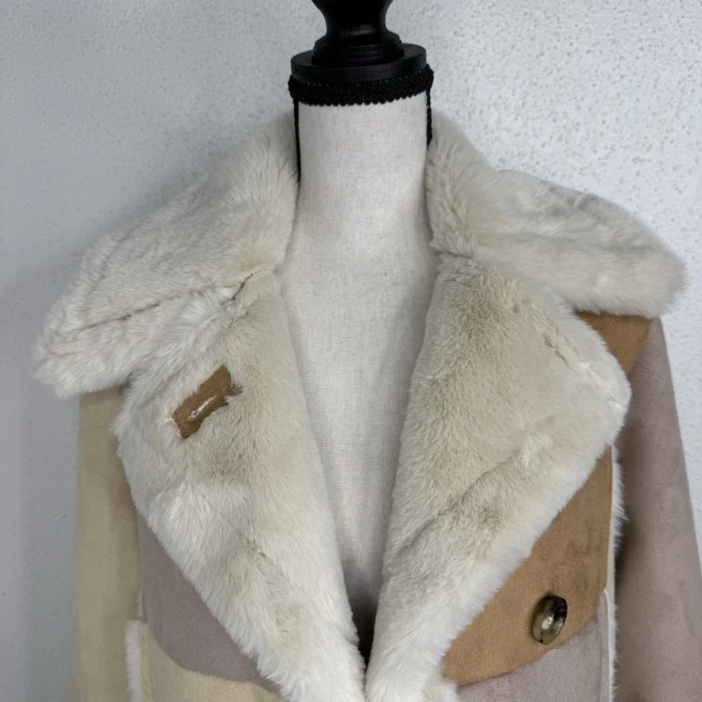 Hollister Faux Shearling Coat Patchwork Tan/ Cream Panels Size XS Women's